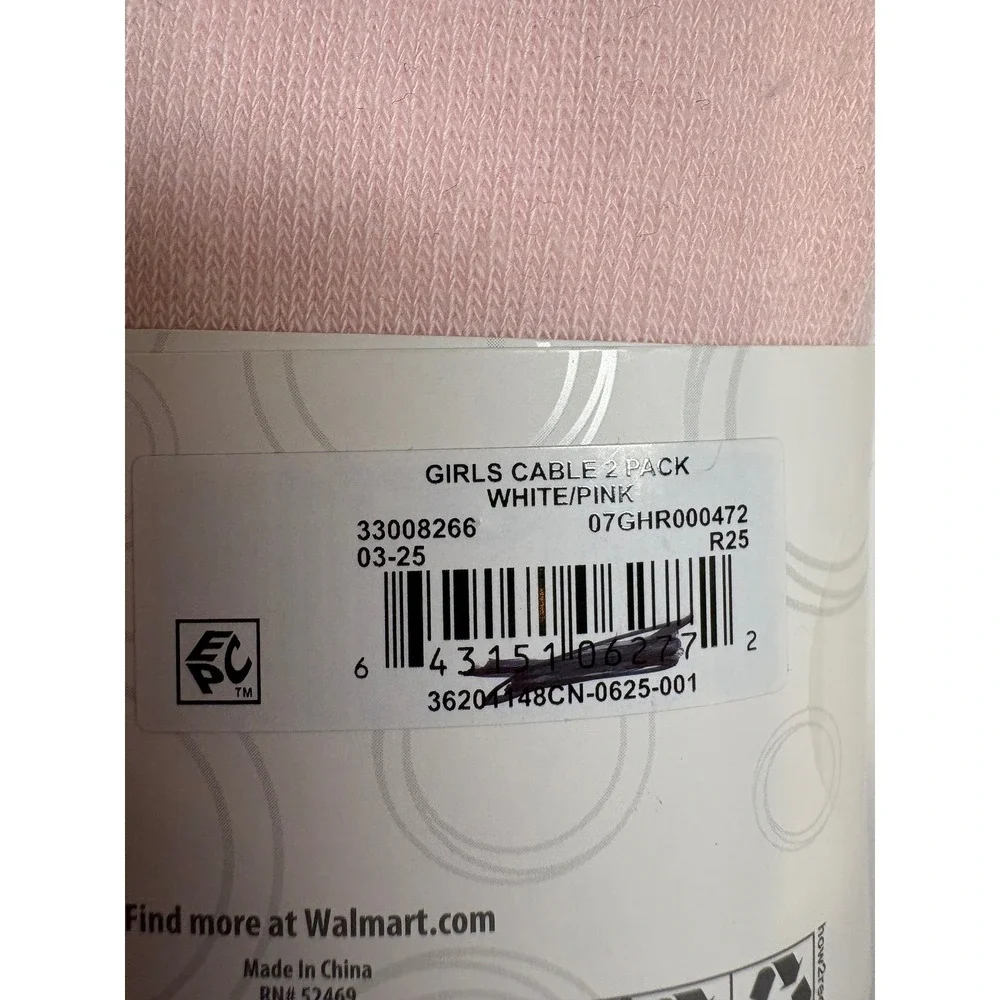 Wonder Nation Girls Footed Tights 2 Pack White Pink Cable Knit  M 7-10